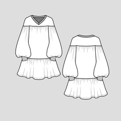 Sticker - Lantern Sleeve gathering Ruffles Sweat Dress Side  drop shoulder V Neck Long balloon Sleeve Ribbed cuffs  fashion t shirt top blouse Dresses  Flat Sketch technical drawing template design vector