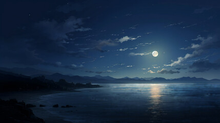 Wall Mural - Moonlight over the sea and mountains at night