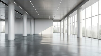 Wall Mural - An Empty Office Space Bathed in White, with Architectural Columns and a Grey Concrete Floor, Enhanced by Sunlight from a Window