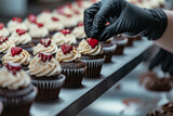 Fototapeta  - Professional pastry chef hands with black gloves decorating cupcakes with cream cheese cream and small red hearts. Confectioner studio, culinary and bakery