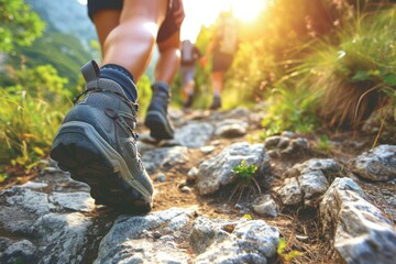 Wall Mural - Friends on hiking route traveling together fun activity mountains nature sports healthy lifestyle summer travel carrying backpack friendship group walk weekend leisure holiday carefree hikers tourists