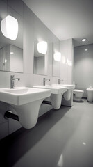 Wall Mural - Interior of bathroom with sink basin faucet lined up and hotel toilet urinals, Modern design