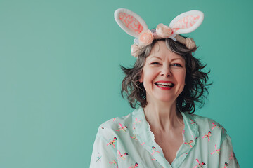 Wall Mural - Happy senior woman wearing easter rabbit headband with ears on background.