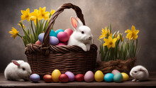 Two Little White Rabbits Near A Basket, A White Easter Bunny Sits In A Wicker Basket With Festive Easter Eggs, Decorated With Spring Flowers, Beautiful Spring Light, Beautiful Pomegranate Background