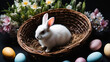 white Easter bunny sits in a wicker basket with festive Easter eggs, decorated with spring flowers, spectacular backlight, scene on a black background