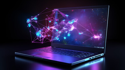 laptop with background with network tech futuristic outside in monitor like hologram
