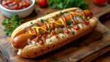 Fototapeta Big Ben - Close-up of a very tasty hot dog in a bun