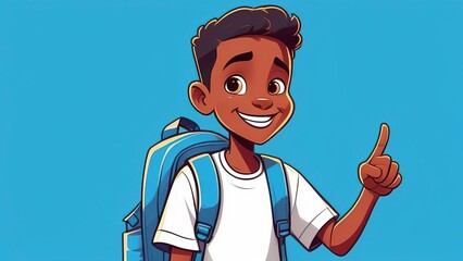 Wall Mural - An African-American smiling boy with a raised thumb goes to school. A child in a white T-shirt with a backpack on a blue background, Back to school.
