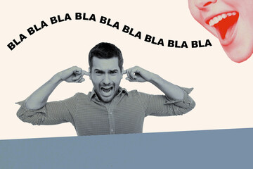 Sticker - Photo collage illustration young man close ears avoid talkative woman speach bla blah irritated annoyed crazy reaction drawing background