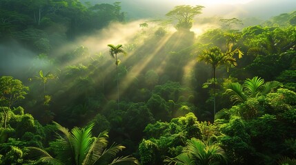 Dense rainforest canopy from above, a sea of green leaves pierced by sunlight, revealing the complex layers of the ecosystem 