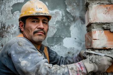 Wall Mural - portrait of a Bricklayer worker installing brick masonry on exterior wall with trowel putty knife