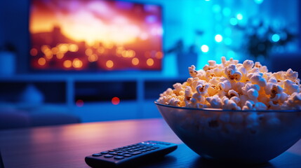 A comfortable home setting featuring a bowl of popcorn in the foreground with a blurred television screen glowing in the background.