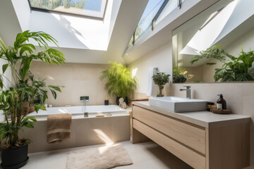 Wall Mural - Clean and Spacious Bathroom with Modern White Interior Design, Luxurious Bathtub, and Bright Natural Light