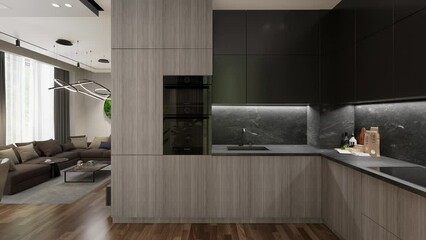 Wall Mural - 3D-render. A small apartment with a common space of living room, kitchen and dining room in a modern style.