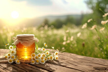 Summer Background Of A Wooden Table On Which There Is A Jar Of Honey With Elements Of Fresh Spring Flowers Against The Background Of A Field With Blooming Daisies And Sunlight.Copy Space Text