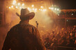 Country style party or concert with man in hat standing on stage and crowd of people in bar or hall
