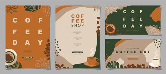 Wall Mural - Set of sketch banners with coffee beans and leaves on minimal background for invitations, cards, banner, poster, cover, cafe menu or another template design. vector illustration.