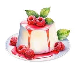 Wall Mural - Watercolor illustration of panna cotta with raspberries on plate isolated on white background.