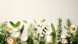 Jars of cream surrounded by herbs and flowers on a white background.