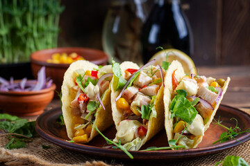 Wall Mural - Mexican tacos with chicken meat, corn and salsa. Healthy tacos. Diet menu. Mexican taco.