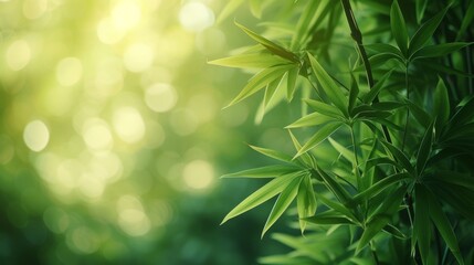  Green bamboo with leaves forest background with blurred background