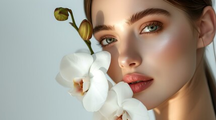 Wall Mural - Elegant woman with flawless skin posing with white orchids. beauty portrait, natural makeup. serene and pure style. stock photo for cosmetic ads. AI