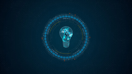 Wall Mural - blue digital lamp logo and circle futuristic hud elements with lightbulb and ideas concept on circui