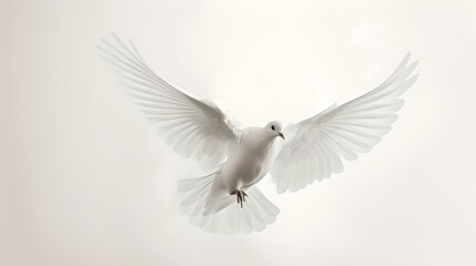 Wall Mural - Graceful white dove in flight against a soft light background. symbol of peace and freedom. minimalist elegant bird photograph. AI