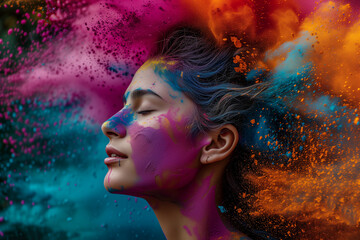  Poster for Indian Holi Festival. Portrait of a woman in the midst of a color powder explosion