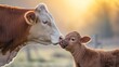 Affectionate cow and newborn calf bonding in golden hour light on a farm. rural animal family love. AI