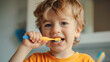© Nemanja - Little male toddler or preschooler, young boy washing teeth in the morning routine for dental or oral health and hygiene, holding a yellow and blue toothbrush, smiling and looking at the camera.