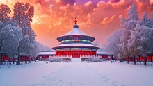 Tranquil Snowscape: Beijing's Temple Of Heaven. Generative Ai