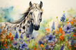 Domestic appaloosa horse breed animal standing in the flower field, side view, spotted animal painting artwork