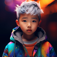 Wall Mural - Cute Asian kid with trendy colorful clothes, avatar, profile, generated by AI
