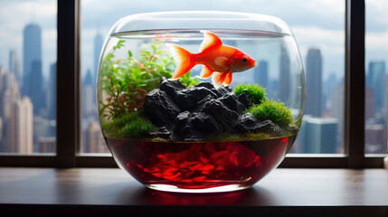 red goldfish in the water an beautyful aquarium with amazing ornament