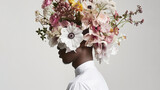 Fototapeta  - Minimalist photographic portrait of cute man with flowers on his head on white background