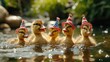 Family of Ducks Swimming in Pond with Festive Uncle Sam Hats