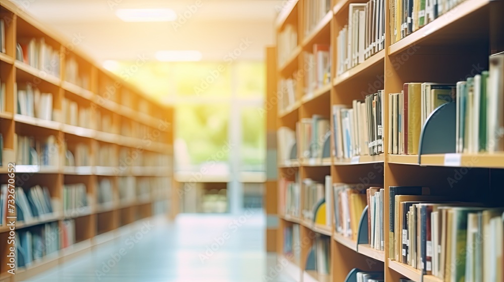 Blurred empty library interior space. Blurry classroom with bookshelves ...
