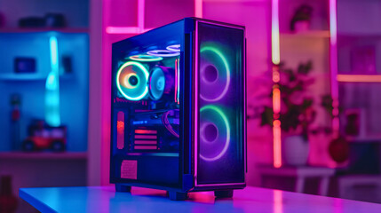 Gaming pc case or tower with RGB and led glowing parts and cooling fans spinning, placed on the table in a room with purple and blue neon lights. Electronic hardware device equipment, colorful design