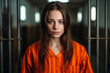 Portrait of a beautiful girl in an orange jacket in prison.