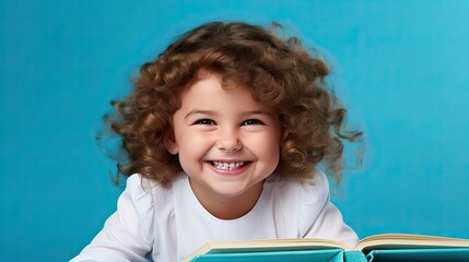 Wall Mural - Reading book. little girl smiling with book on a blue background, school, back to school, education