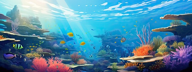 Wall Mural - Tropical sea underwater fishes on coral reef. snorkel, diving. Aquarium oceanarium colorful marine panorama landscape nature. background wallpaper
