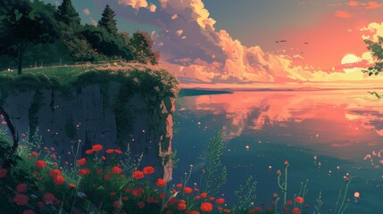 Wall Mural - Anime-style illustration of a lakeside cliff at twilight