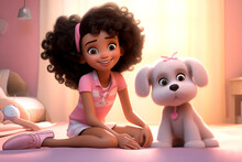 3D Illustration Of Adorable Animated Girl With A Fluffy Pink Dog In A Cozy Pink Bedroom