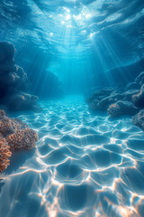 Wall Mural - underwater view with sandy bottom, sunbeams and rays of light