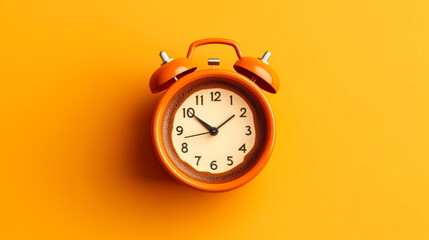 hot coffee served in a yellow retro alarm clock against a vibrant yellow background.