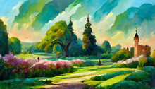 Oil Painting Garden Landscape, Plants, Trees And Flowers In Spring Forest Sunset, Green Summer Nature