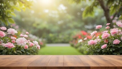 Sticker - Summer Day at a Lush Pink Flower Garden With Wooden Foreground