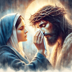 Wall Mural - Veronica wipes the face of Jesus. Digital watercolor painting.