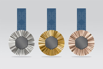 vector illustration, set of championship medals, gold, silver and bronze. medal with triangular ribb